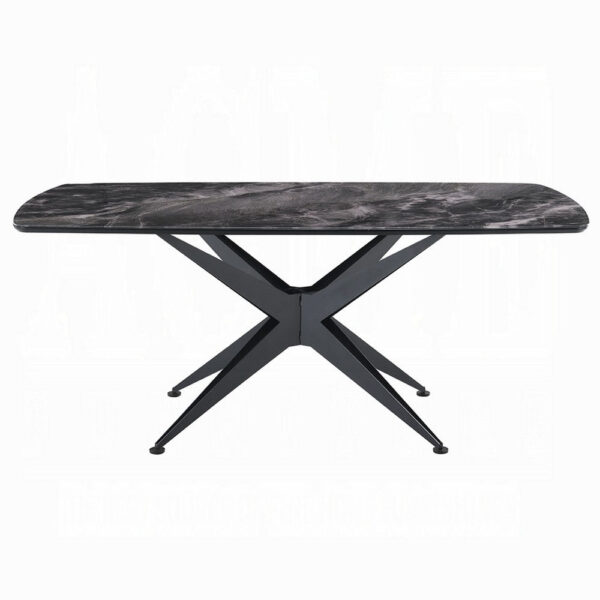 Laus Dining Table, 71 Inch Crystal Glass Top, Black Geometric Base