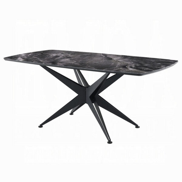 Laus Dining Table, 71 Inch Crystal Glass Top, Black Geometric Base