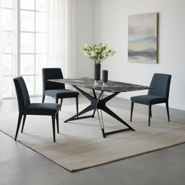 Laus Dining Table, 71 Inch Crystal Glass Top, Black Geometric Base