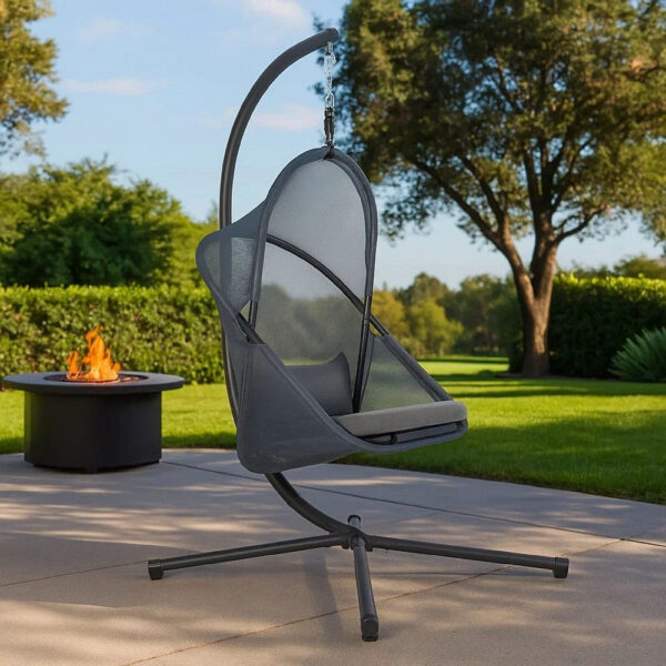 Cery Outdoor Egg Swing Chair, Foldable Stand, Dark Gray Cushion