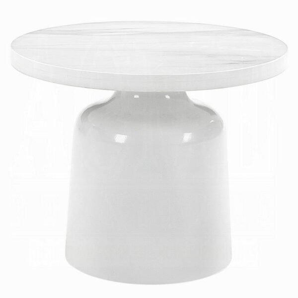 Zayn Round End Table with Pedestal Base, White Faux Marble, 22 Inch