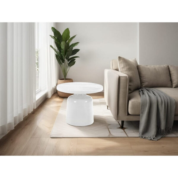 Zayn Round End Table with Pedestal Base, White Faux Marble, 22 Inch