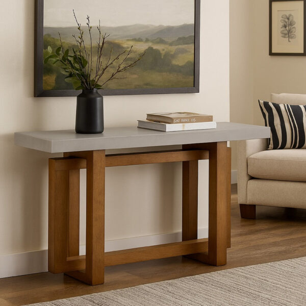 Joshua Sofa Table with Cross Base, Faux Concrete, Brown Wood 47 Inch