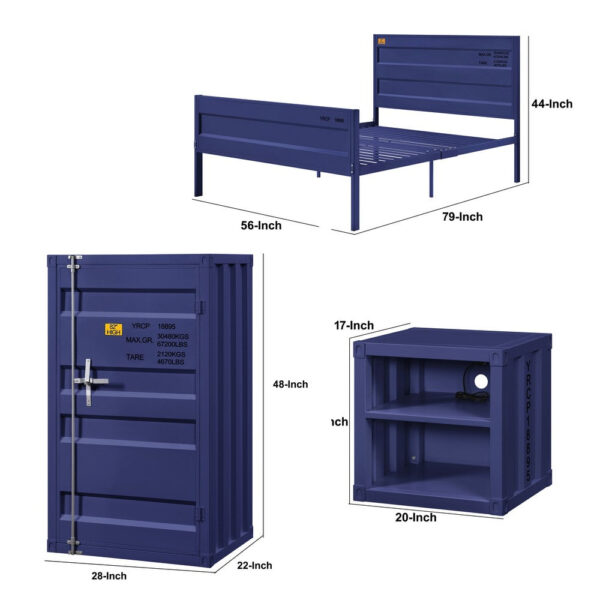 13022026698f0cffc06e1.jpeg Dua Three Pc Full Bedroom Set, Recessed Panel Pattern, Industrial Style, Blue Metal