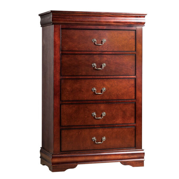 Poy Three Piece Full Size Bedroom Set, Metal Hanging Pulls, Cherry Brown Wood