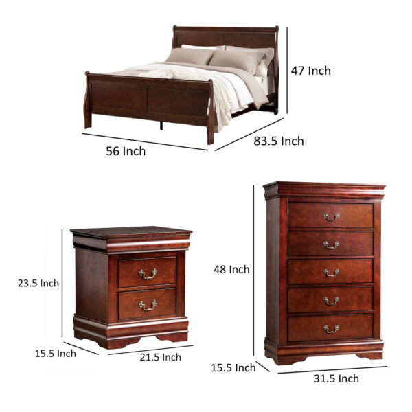 Poy Three Piece Full Size Bedroom Set, Metal Hanging Pulls, Cherry Brown Wood