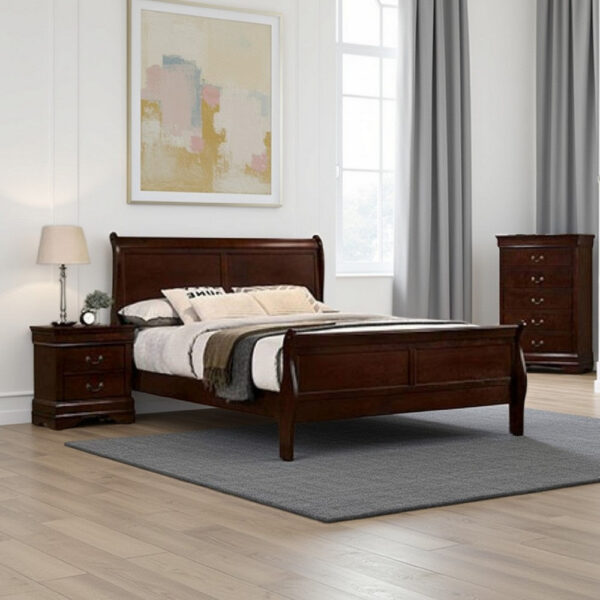 Poy Three Piece Full Size Bedroom Set, Metal Hanging Pulls, Cherry Brown Wood