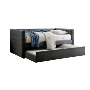 13022026698f0d29bea24.jpeg Suzo Daybed with Trundle, Gray Flannelette Upholstery, Nailhead Trim