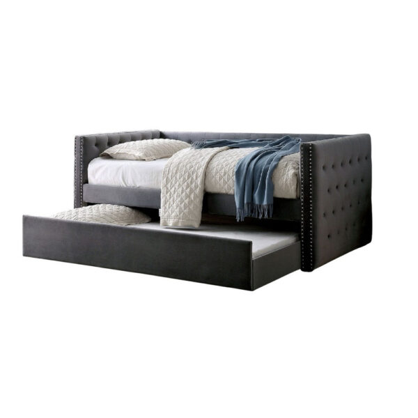 Suzo Daybed with Trundle, Gray Flannelette Upholstery, Nailhead Trim