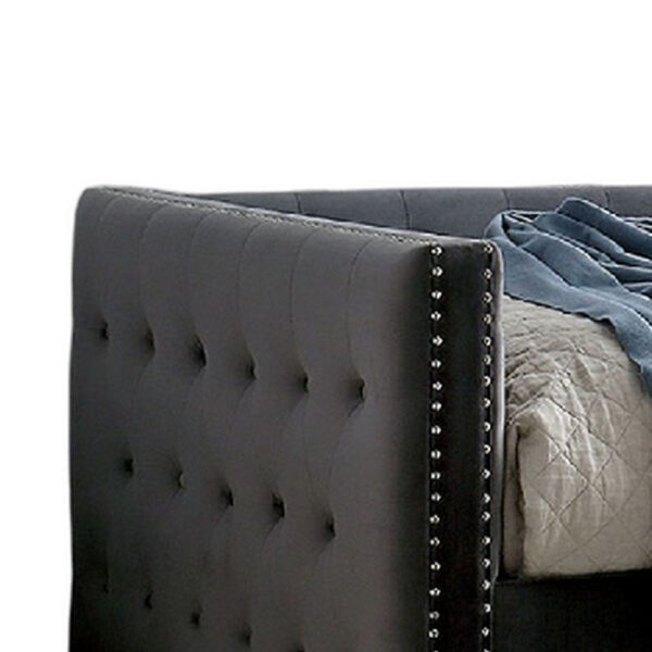 Suzo Daybed with Trundle, Gray Flannelette Upholstery, Nailhead Trim