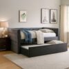Suzo Daybed with Trundle, Gray Flannelette Upholstery, Nailhead Trim