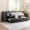 Suzo Daybed with Trundle, Gray Flannelette Upholstery, Nailhead Trim