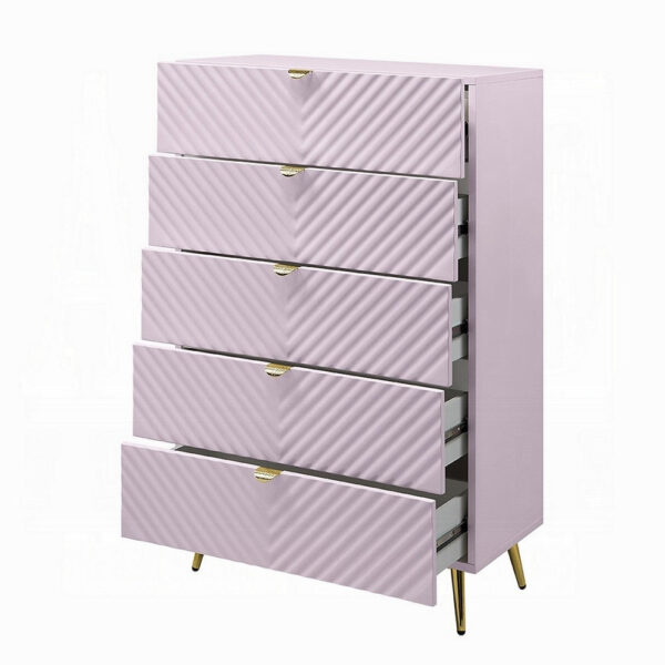 Tyra Tall Dresser Chest, 5 Drawers, Gold, Gloss Pink Chevron Pattern