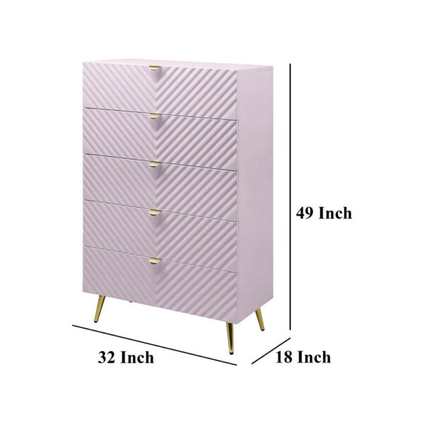 Tyra Tall Dresser Chest, 5 Drawers, Gold, Gloss Pink Chevron Pattern