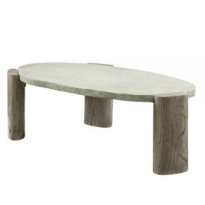 47 Inch Coffee Table, Oval Shape Cement Top, Smooth Gray and Oak Brown