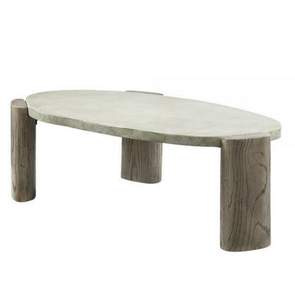 47 Inch Coffee Table, Oval Shape Cement Top, Smooth Gray and Oak Brown