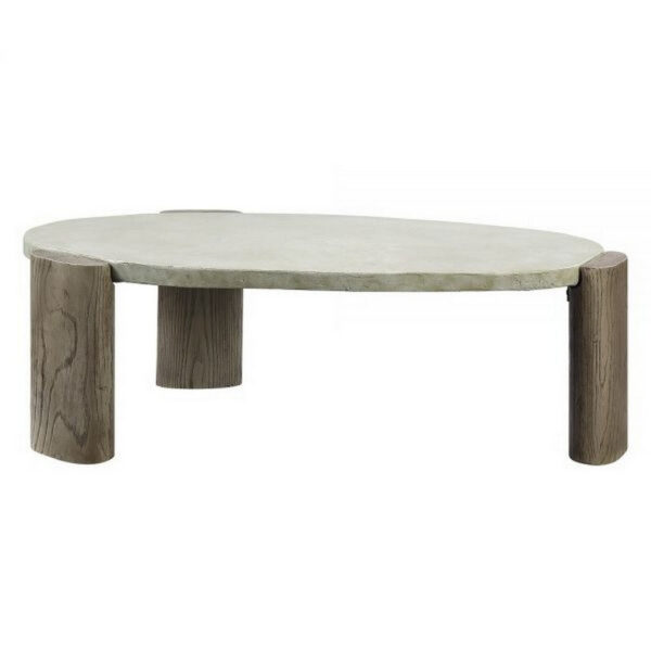 47 Inch Coffee Table, Oval Shape Cement Top, Smooth Gray and Oak Brown