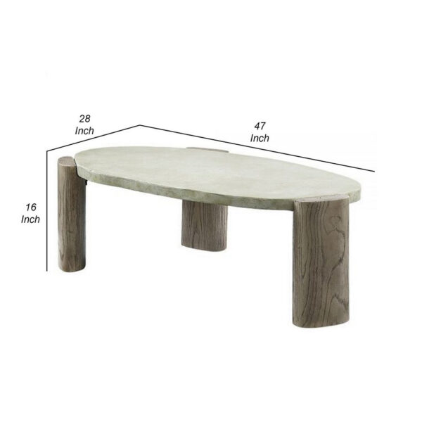 47 Inch Coffee Table, Oval Shape Cement Top, Smooth Gray and Oak Brown