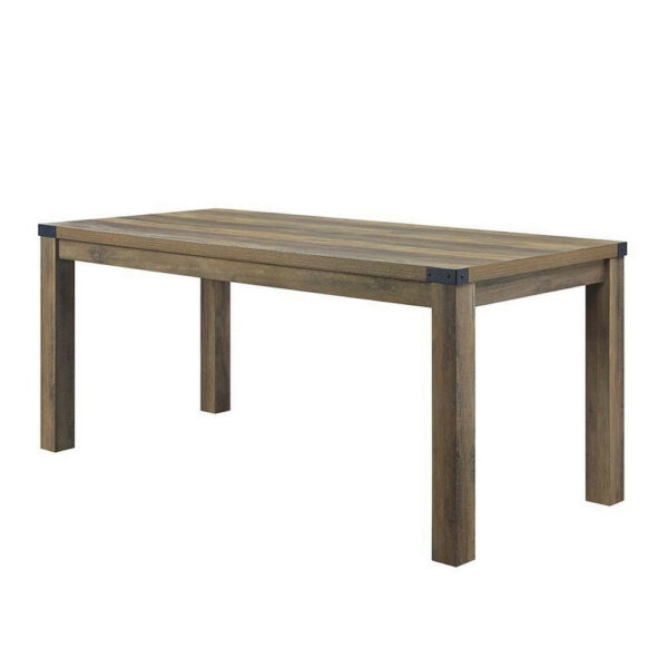 Eli 71 Inch Dining Table, Distressed Rustic Gray, Industrial Metal Rivets