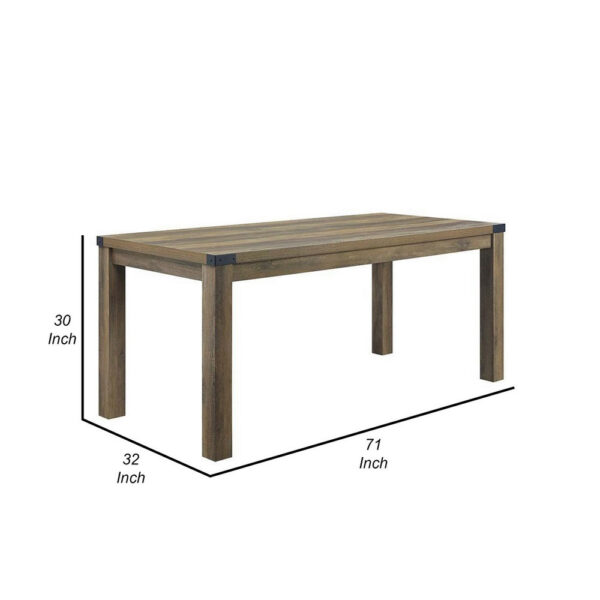 Eli 71 Inch Dining Table, Distressed Rustic Gray, Industrial Metal Rivets