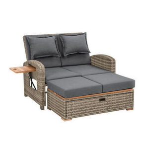 13022026698f0e87a1982.jpeg 2 Piece Outdoor Chaise Lounger and Bench, Gray Fabric, Wicker, Adjustable
