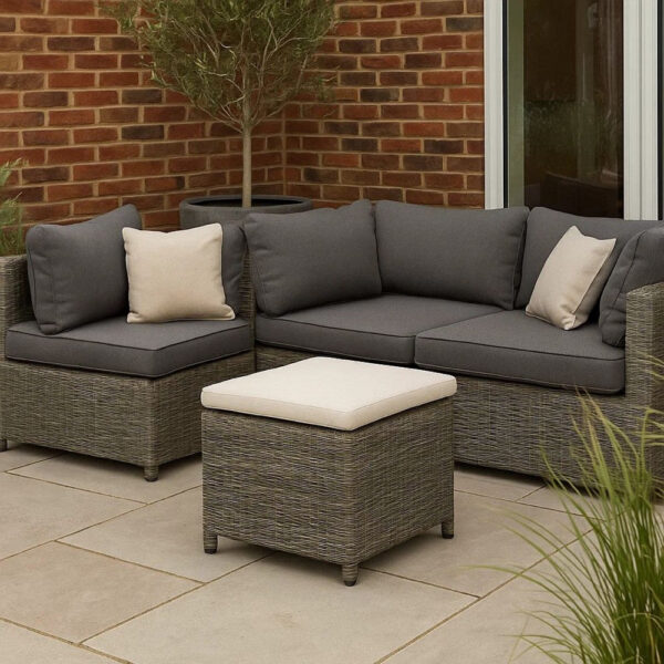 13022026698f0ed14ea28.jpeg Foca 18 Inch Outdoor Square Ottoman, Set of 2, Gray Fabric, Faux Wicker