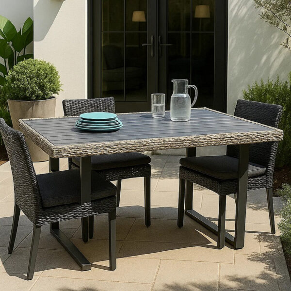 Foca 63 Inch Outdoor Rectangular Dining Table, Adjustable Height, Wicker