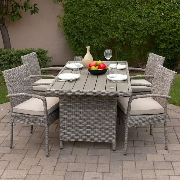 13022026698f0f0f739a9.jpeg 59 Inch Outdoor Aluminum Dining Table, Gray Faux Wicker, Slatted Surface