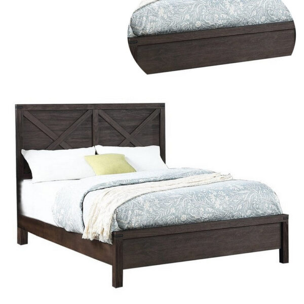 13022026698f0f224476a.jpeg Yale Platform Queen Size Bed, Crossed Accent Panel, Dark Walnut Brown