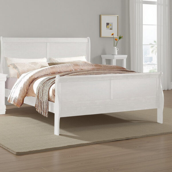 Nin Queen Size Sleigh Bed, Minimalist Style Headboard, Classic White Wood