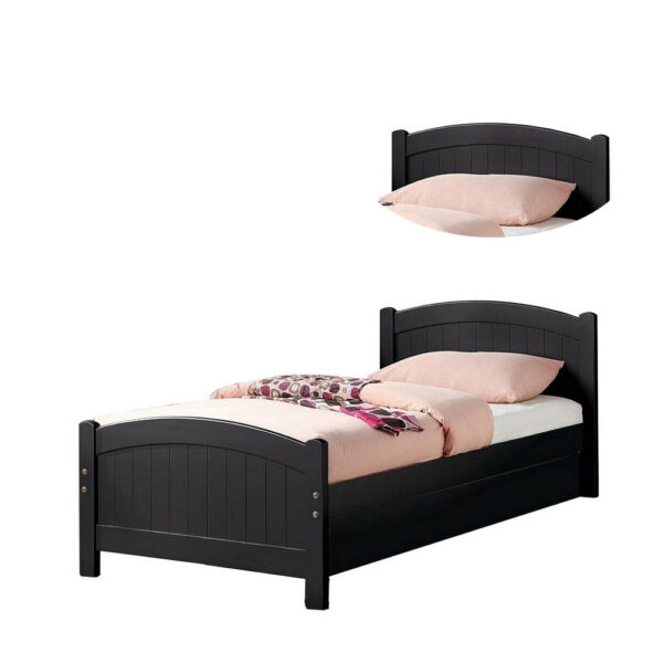 13022026698f0f6b57947.jpeg Shov Twin Size Trundle Bed, Arched Headboard, Vertical Accents, Black Wood