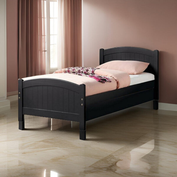13022026698f0f79cd687.jpeg Shov Twin Size Trundle Bed, Arched Headboard, Vertical Accents, Black Wood
