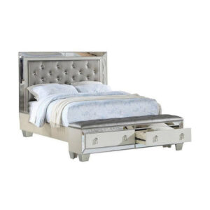 Reva Queen Bed, Storage Footboard, Silver Faux Leather Tufted Upholstery