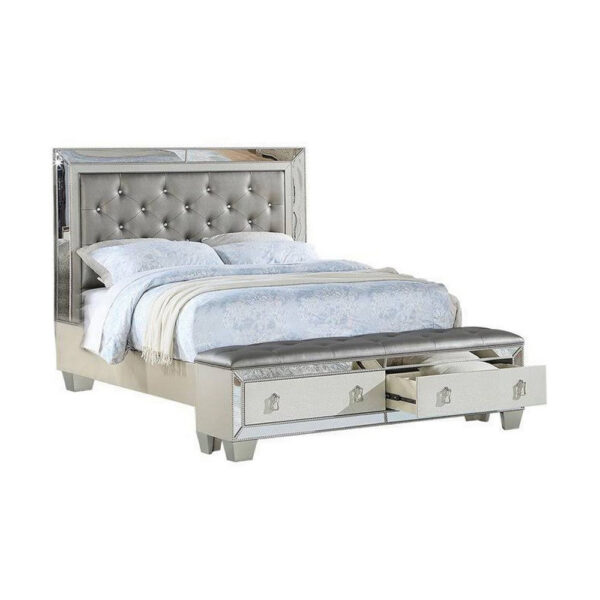 Reva Queen Bed, Storage Footboard, Silver Faux Leather Tufted Upholstery