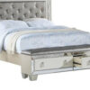 Reva Queen Bed, Storage Footboard, Silver Faux Leather Tufted Upholstery