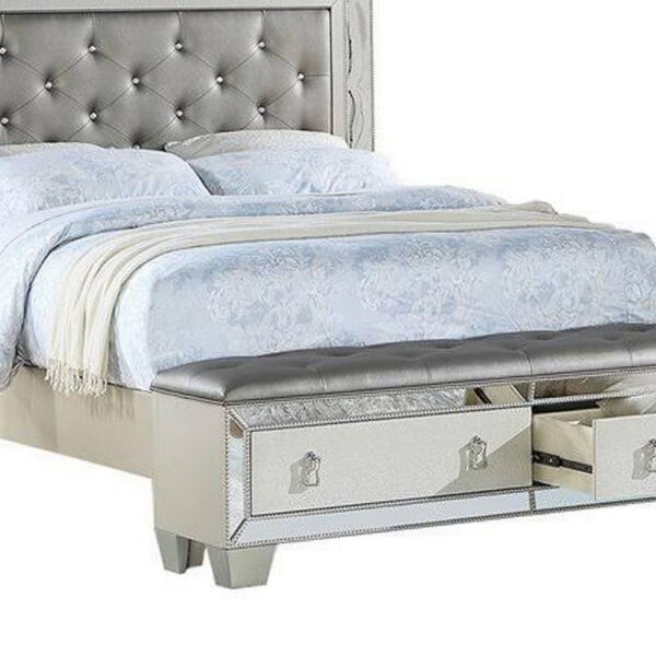 Reva Queen Bed, Storage Footboard, Silver Faux Leather Tufted Upholstery