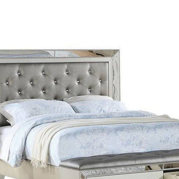 Reva Queen Bed, Storage Footboard, Silver Faux Leather Tufted Upholstery