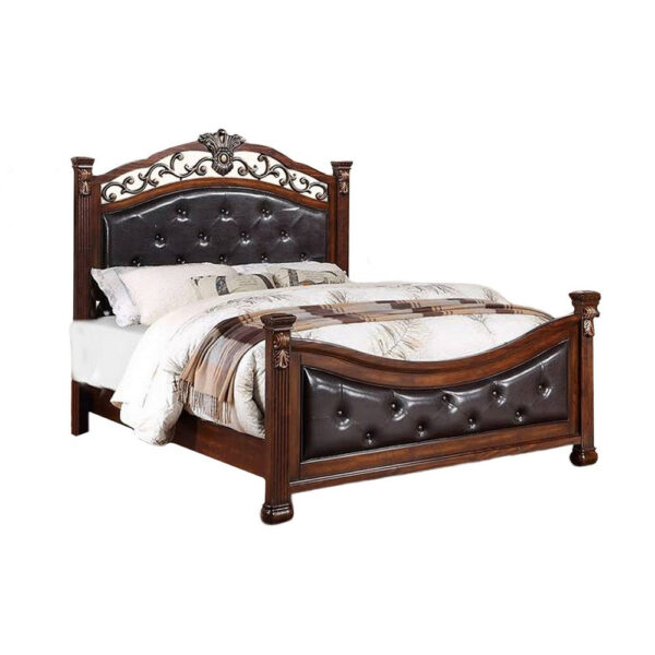 Jax Traditional Queen Size Bed, Tufted Upholstered Headboard, Cherry Brown