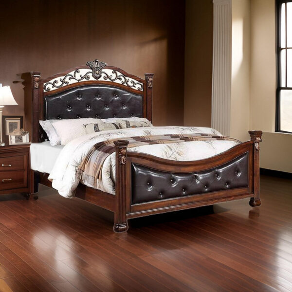Jax Traditional Queen Size Bed, Tufted Upholstered Headboard, Cherry Brown