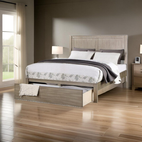 Kali Platform California King Bed, Panel Design, Storage Drawer, Light Tan