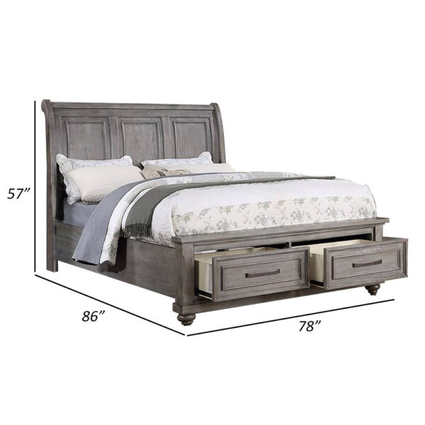 Demi King Size Bed, Sleigh Headboard, 2 Storage Drawers, Oak Gray Wood