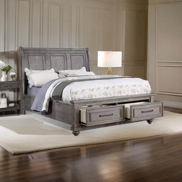 Demi California King Bed, Sleigh Headboard, Storage Drawers, Oak Gray Wood