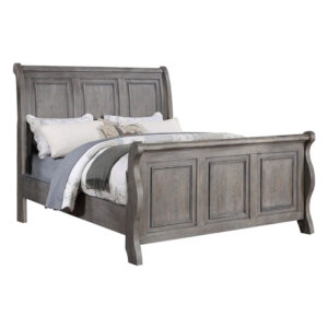 Demi Queen Size Bed, Sleigh Headboard, Tri Panel Molding, Oak Gray Wood