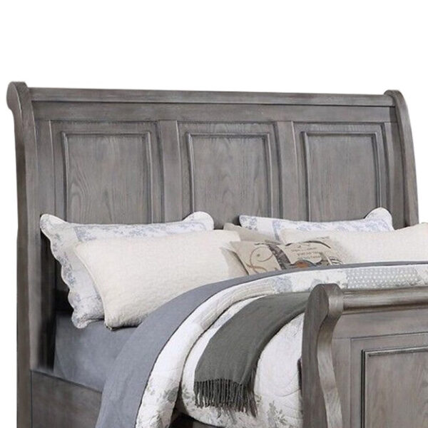 Demi Queen Size Bed, Sleigh Headboard, Tri Panel Molding, Oak Gray Wood