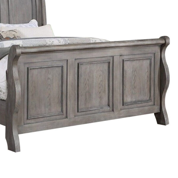 Demi Queen Size Bed, Sleigh Headboard, Tri Panel Molding, Oak Gray Wood