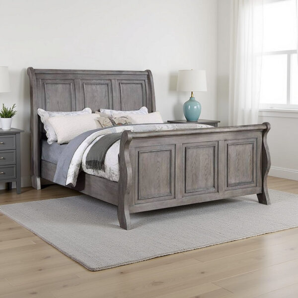 Demi Queen Size Bed, Sleigh Headboard, Tri Panel Molding, Oak Gray Wood