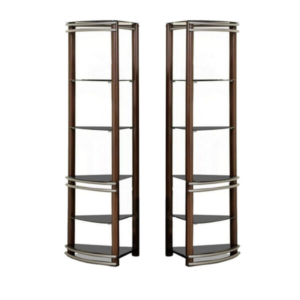 Lein 65 Inch Pier Shelf, Brown, Silver Metal Frame, Glass Shelves, Set of 2