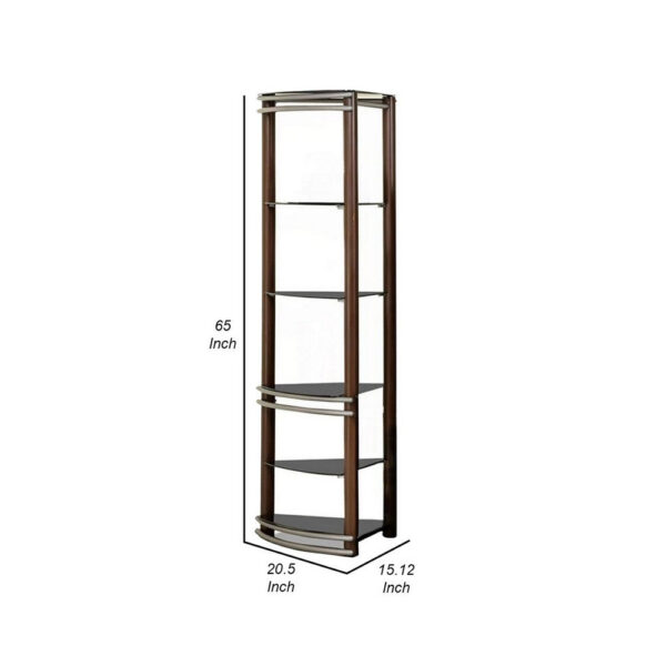 Lein 65 Inch Pier Shelf, Brown, Silver Metal Frame, Glass Shelves, Set of 2