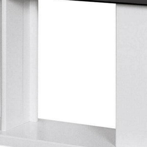 Liam 47 Inch Sofa Console Table, White Wood, Pedestal Base, Black Glass Top