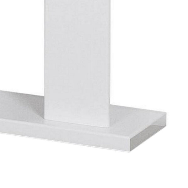 Liam 47 Inch Sofa Console Table, White Wood, Pedestal Base, Black Glass Top